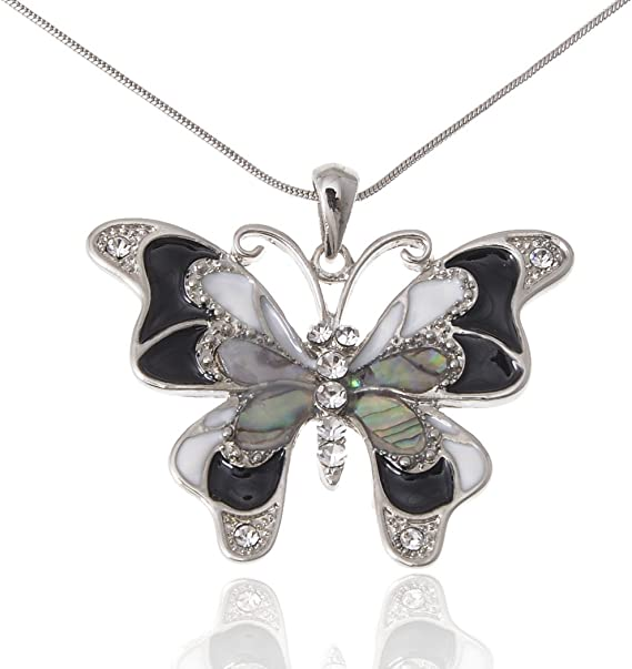 Silvery Tone Abalone Colored Stones Black White Butterfly Pendant Necklace
