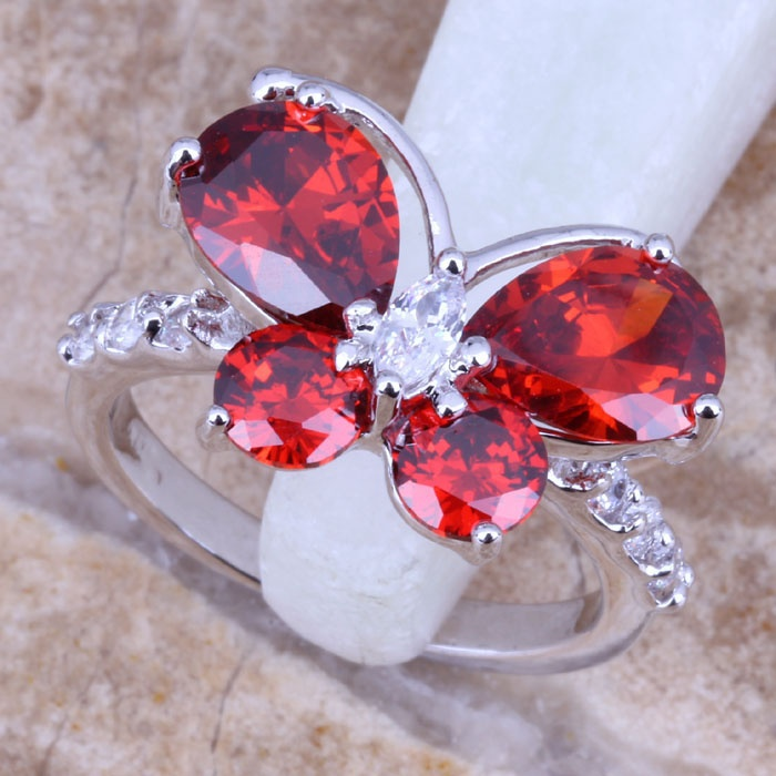 Red Zircon Butterfly Bridal Rings for Wedding 