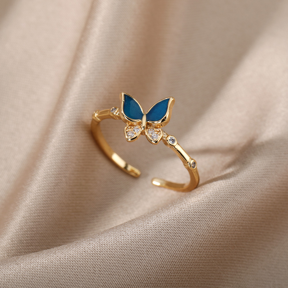 14K Gold Butterfly Finger Ring for Women Teen Girl  and Enamel