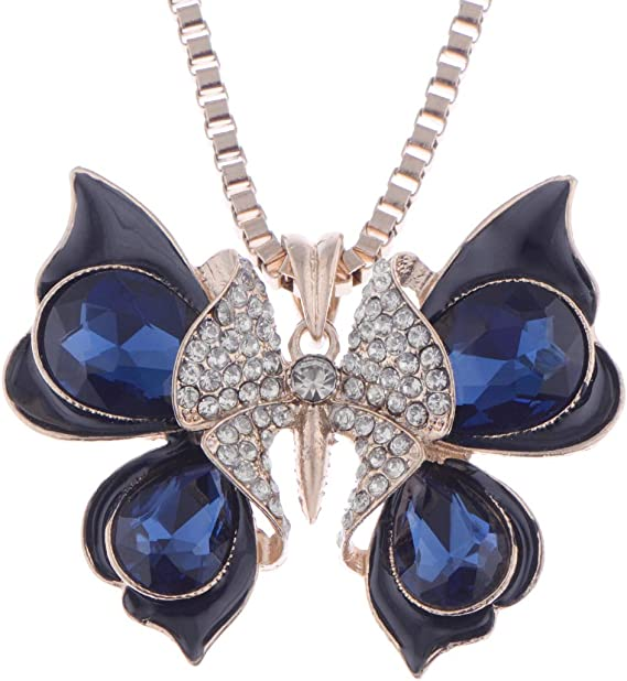 Golden Tone Shine Navy Blue Clear Crystal Rhinestones Enamel Butterfly Pendant Necklace