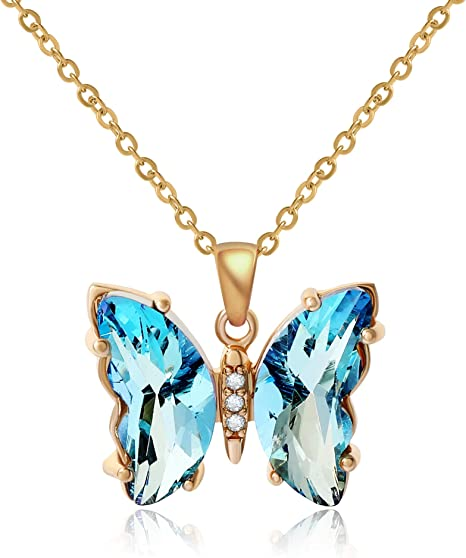 Butterfly Iridescent Crystal Necklace for Women Teen Girls 